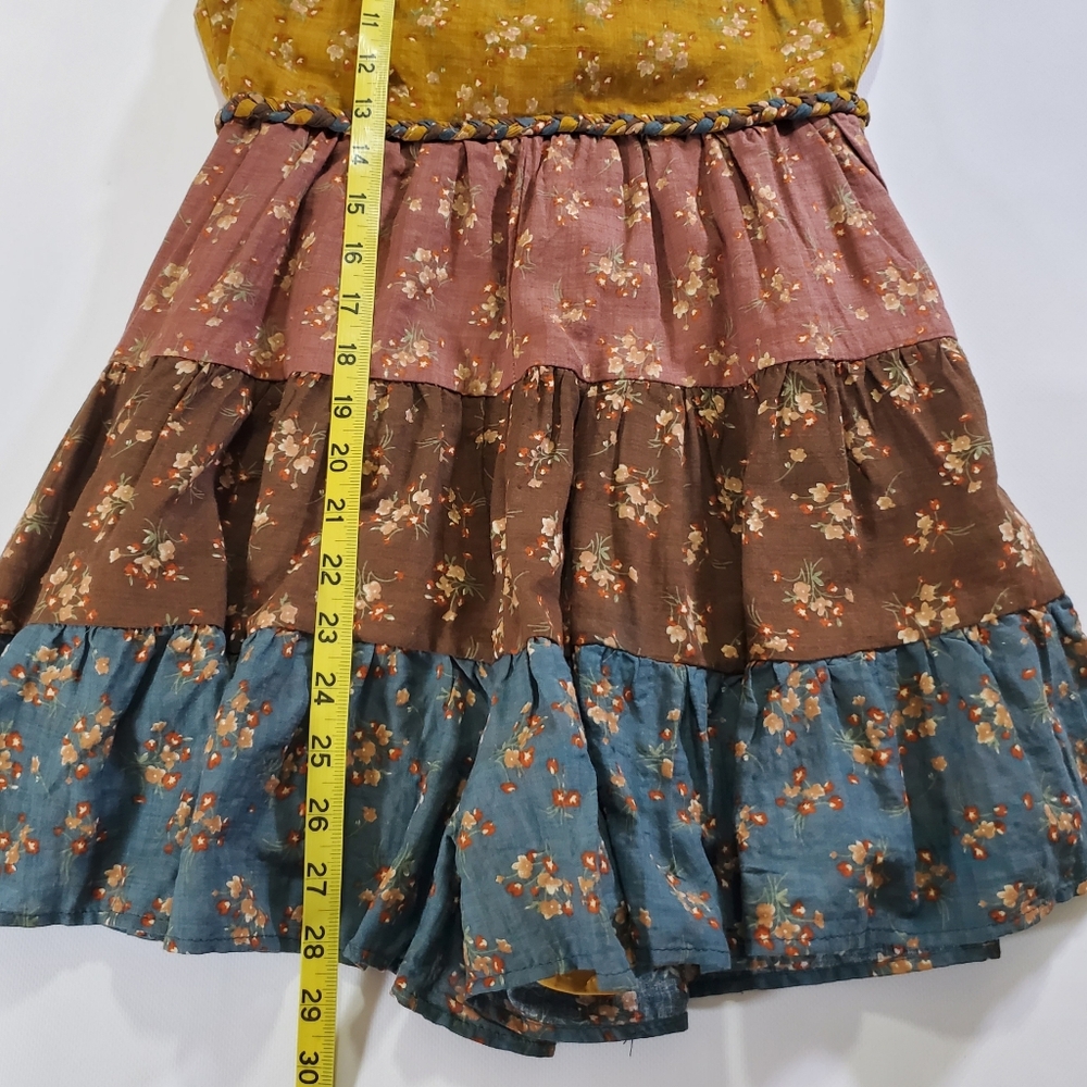 7633 * Storia Patchwork Floral Ruffle Mini Romper Mustard Brown Blue Size S - Picture 10 of 10